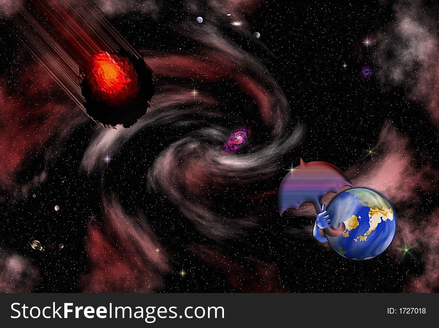 Protected from impact ! Humorous digital space background with asteroid and earth . Great render for scientific projects . Protected from impact ! Humorous digital space background with asteroid and earth . Great render for scientific projects .