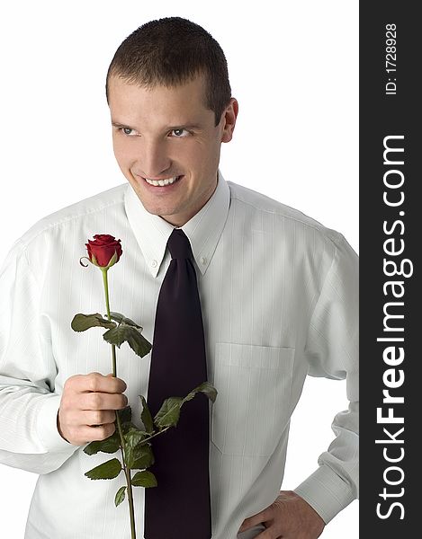 Business men with rose in his hands close up