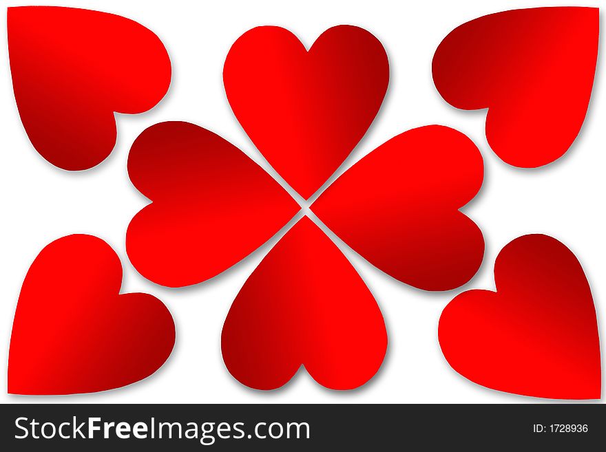 Red gradient hearts with shadows on white background