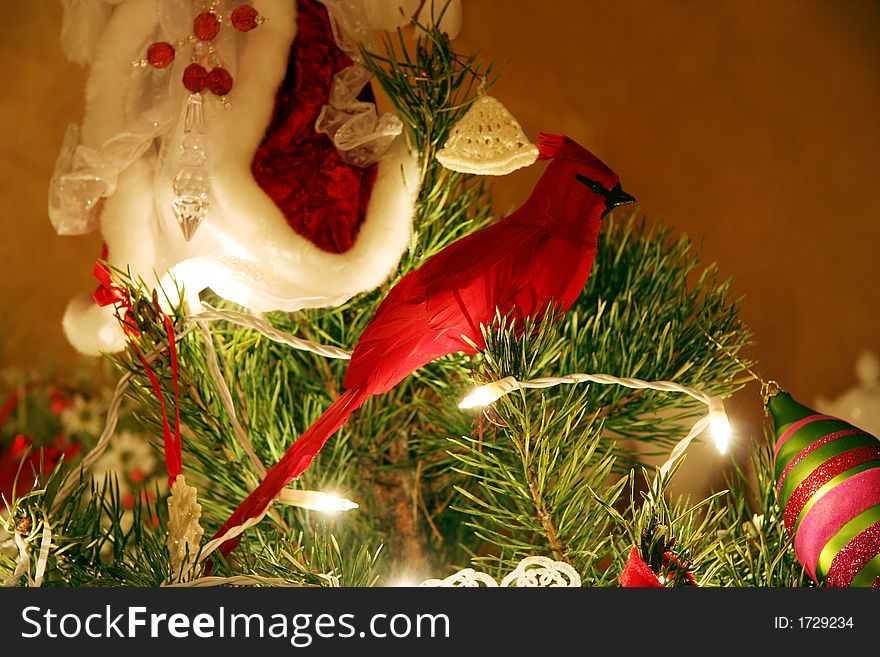 A cardinal ornament glowing on a christmas tree. A cardinal ornament glowing on a christmas tree