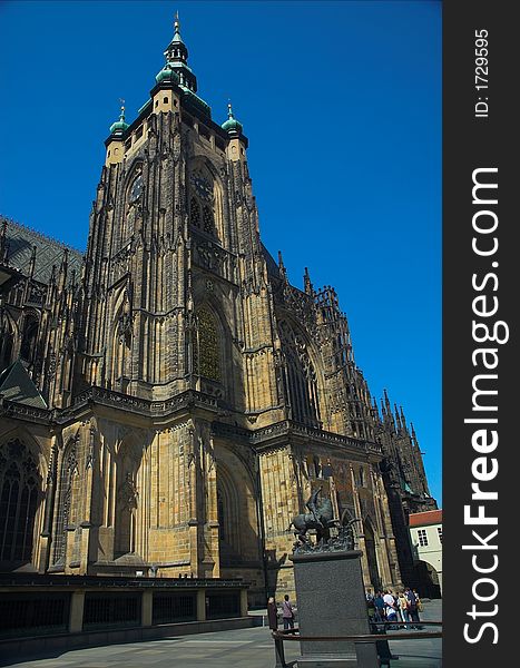 Looking up a tower of St. Vitus's cathedral in Prague Castle. Looking up a tower of St. Vitus's cathedral in Prague Castle.