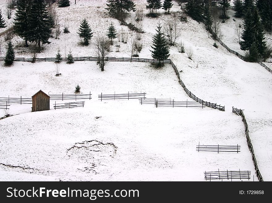 Minimal traditional winter landscape winth fences. Minimal traditional winter landscape winth fences