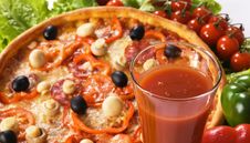 Pizza With Vegetables And Glass Of Tomato Juice Stock Images Pizza With Vegetables And Glass Of Tomato Juice Stock Images