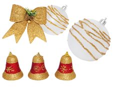 Christmas White-gold Ball, Ribbon, Bells. Royalty Free Stock Images