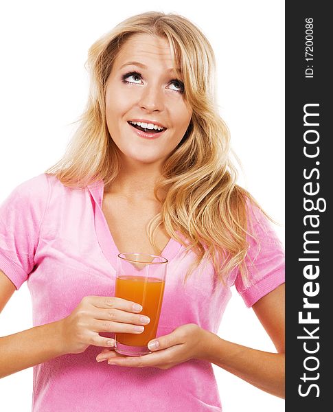 Funny girl with a glass of fresh juice, white background