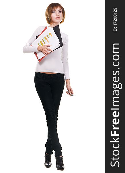 Young woman with folders and business papers, white background