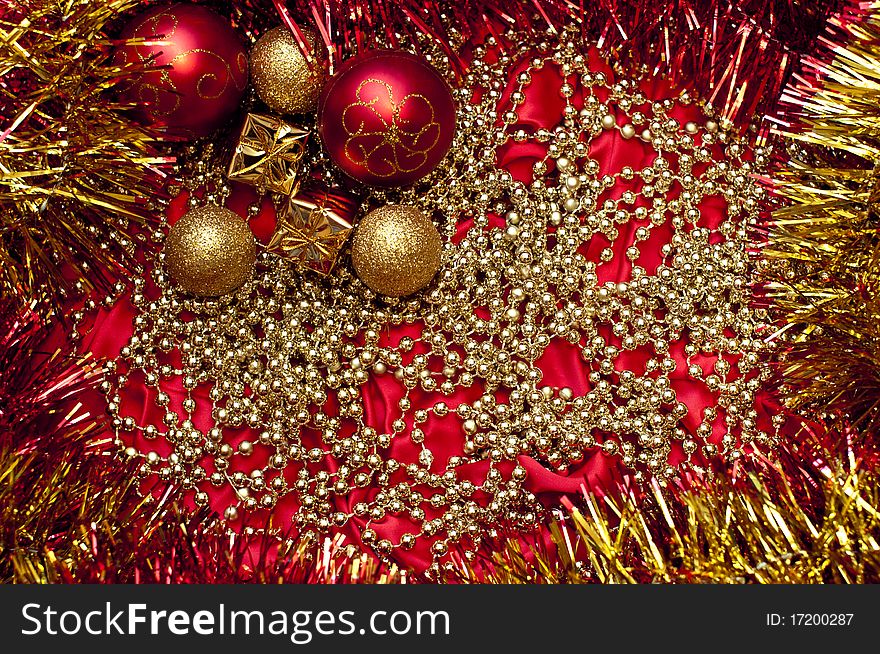 Bright background of christmas decoration on red