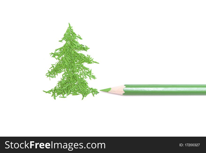 Green pencil and figure of a fur-tree from core crumbs. Green pencil and figure of a fur-tree from core crumbs