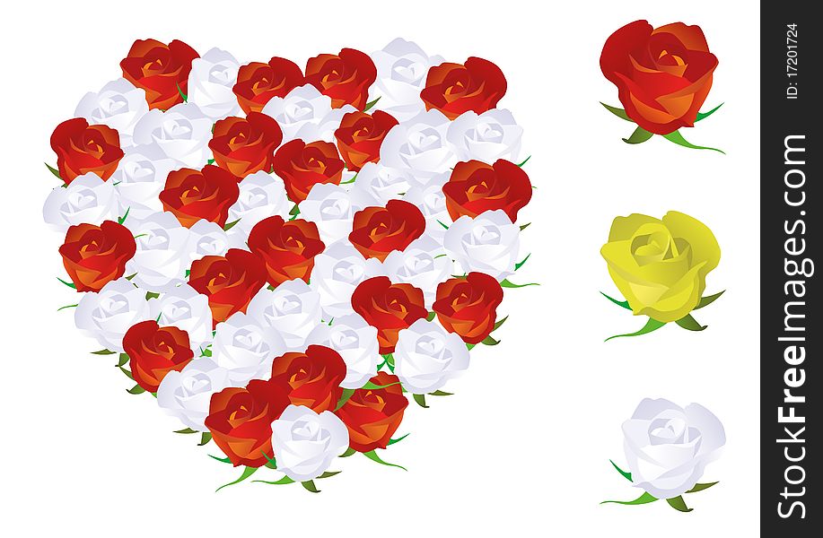 Vector illustration of a heart shape made from white and red roses. All objects are isolated. Colors and transparent background color are easy to adjust. Vector illustration of a heart shape made from white and red roses. All objects are isolated. Colors and transparent background color are easy to adjust.