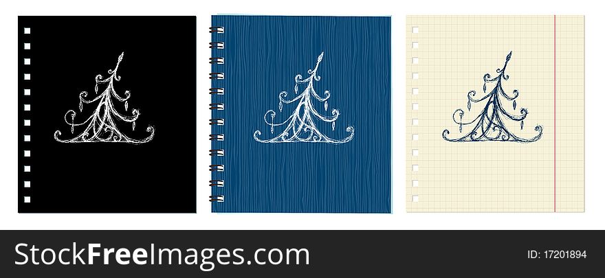 Sketch of christmas pine ornament on notebook cover and sheet