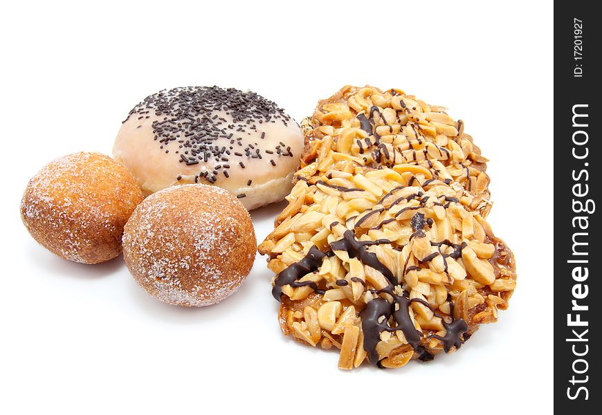 Fried doughnuts, Cookies with nut Isolated on White Background