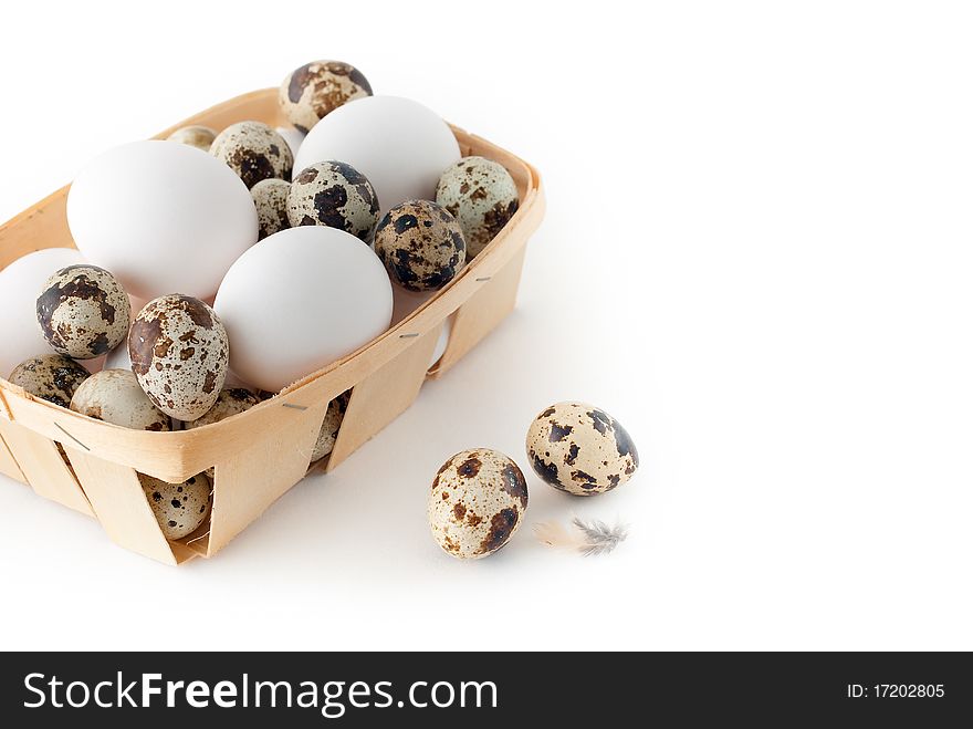 Basket with quail eggs on a white background