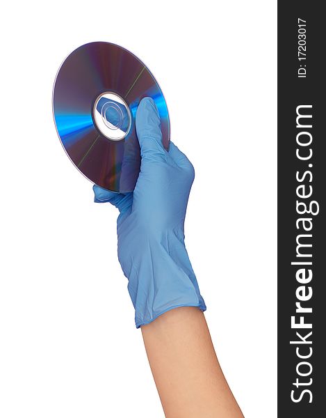 Inspector in blue gloves holds in a hand confidential audio and video about hacker programs and viruses. Inspector in blue gloves holds in a hand confidential audio and video about hacker programs and viruses