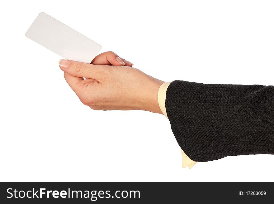 Businesswoman giving her business card to the partners