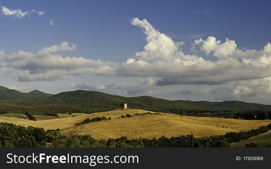 Countryside in Tuscany, Italy. Meat fields and blue sky.