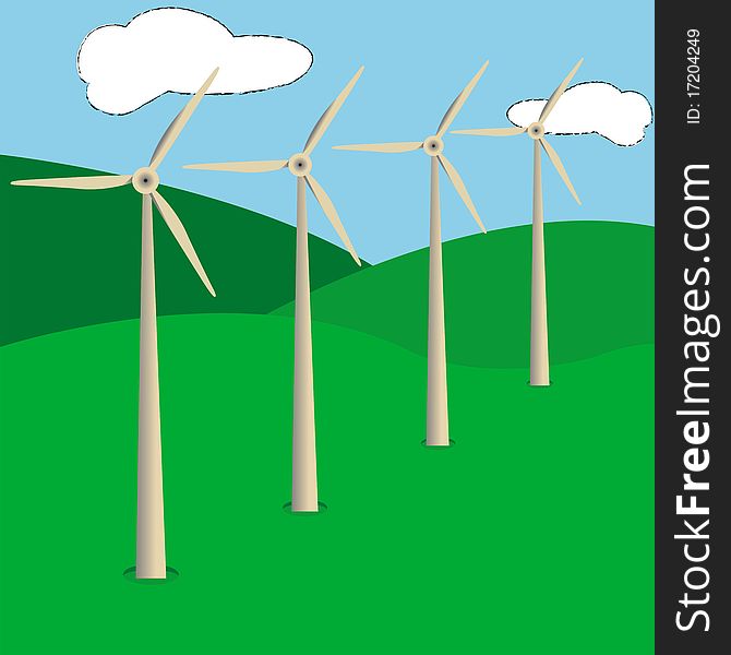 This image represents some windmills on a green landscape with clouds. This image represents some windmills on a green landscape with clouds