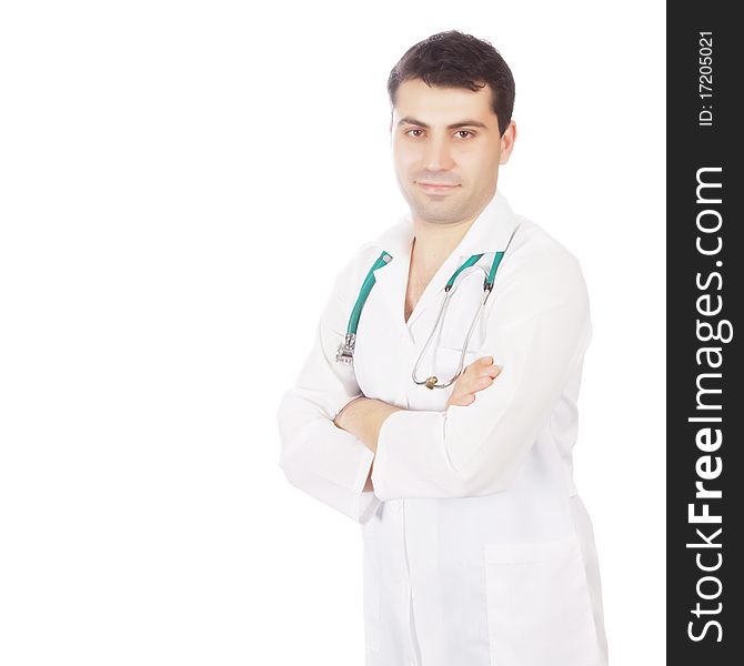 Young medical doctor with stethoscope. Isolated over white background