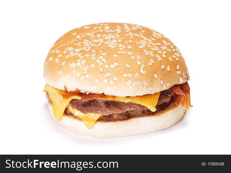 Cheeseburger with fries on white background