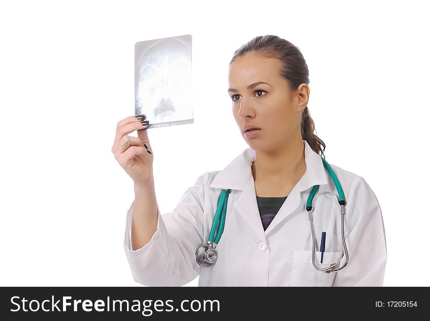Full isolated portrait of a beautiful caucasian doctor with x-ray