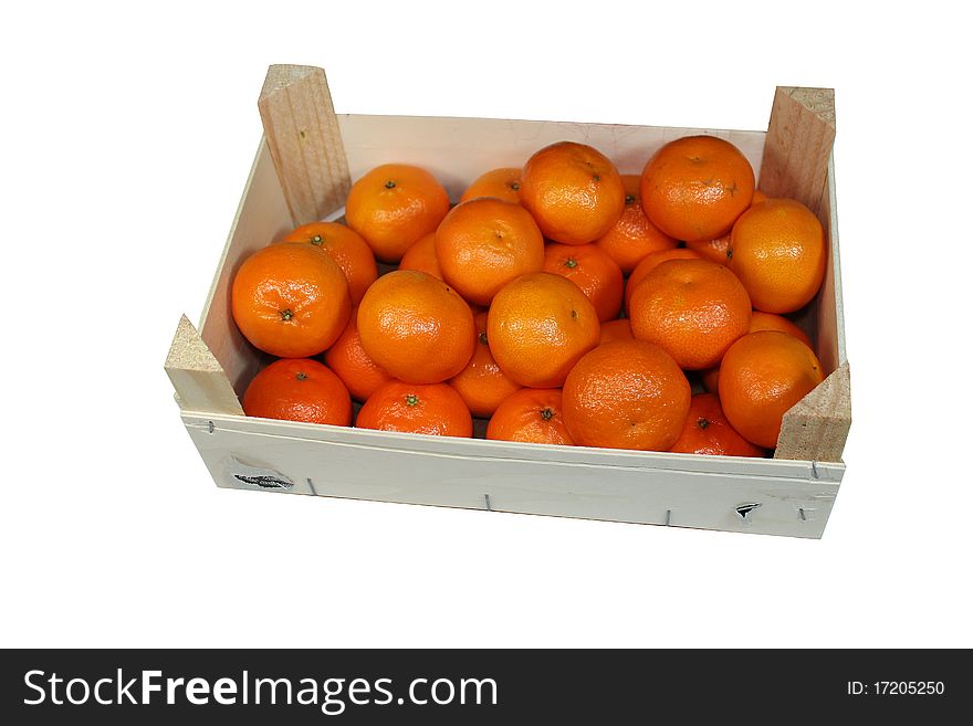 A big wooden box with oranges. A big wooden box with oranges