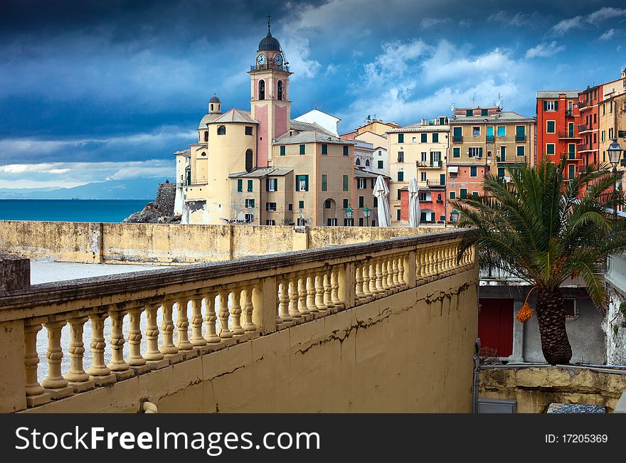 Italian Riviera - Camogli promenade Camogli is a small Italian fishing village and tourist resort located in the province of Genoa on the Italian Riviera. Camogli is located just at the steep of Monte di Portofino. Italian Riviera - Camogli promenade Camogli is a small Italian fishing village and tourist resort located in the province of Genoa on the Italian Riviera. Camogli is located just at the steep of Monte di Portofino.