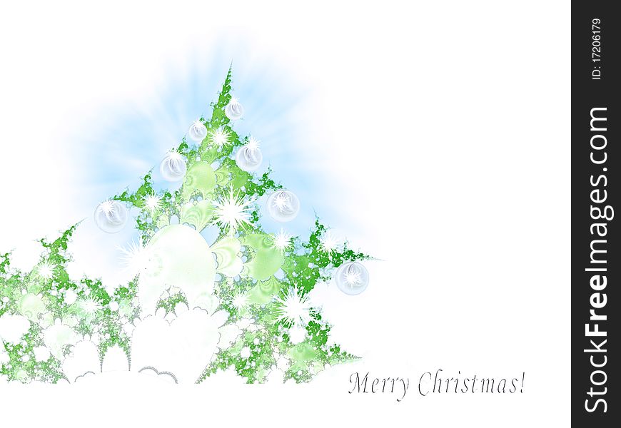 Seasonal greetings card with abstract christmas trees covered with snow and white christmas balls