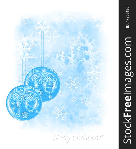 Greeting card with two blue christmas balls on an icy frozen background and white snowflakes, embossed text. Greeting card with two blue christmas balls on an icy frozen background and white snowflakes, embossed text