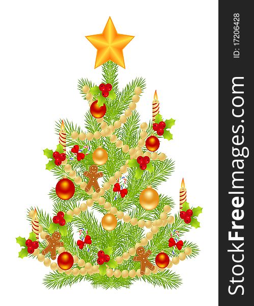 Christmas tree with simple decoration. Isolated on a white. Vector illustration.