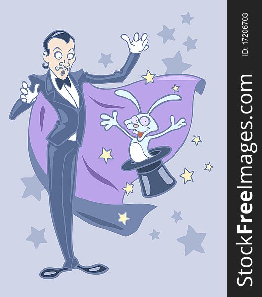 Illustration of a magician with a rabbit out of the hat. Illustration of a magician with a rabbit out of the hat