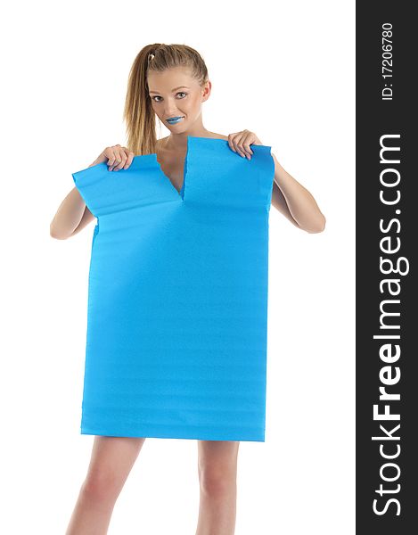 Young woman with blue sheet of paper