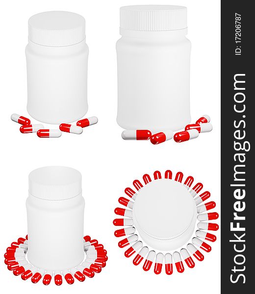 Set Of Capsule Pills And White Plastic Bottle.