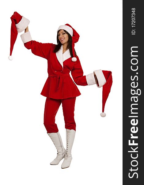 Cheery Santa girl with two xmas hats over white background