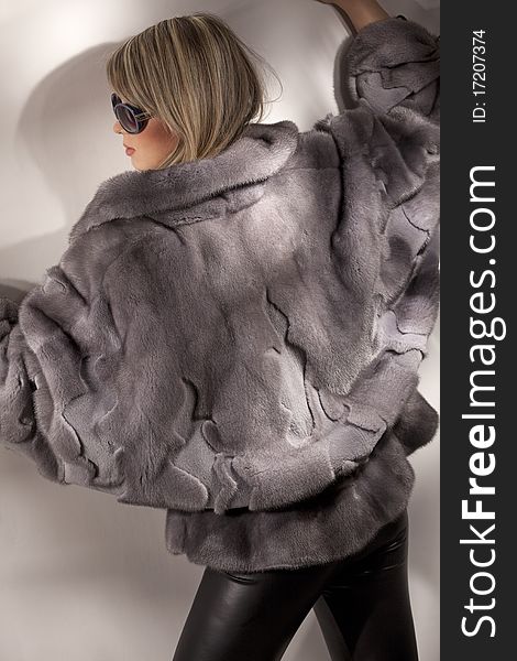 Attractive Woman In Gray Fur Coat