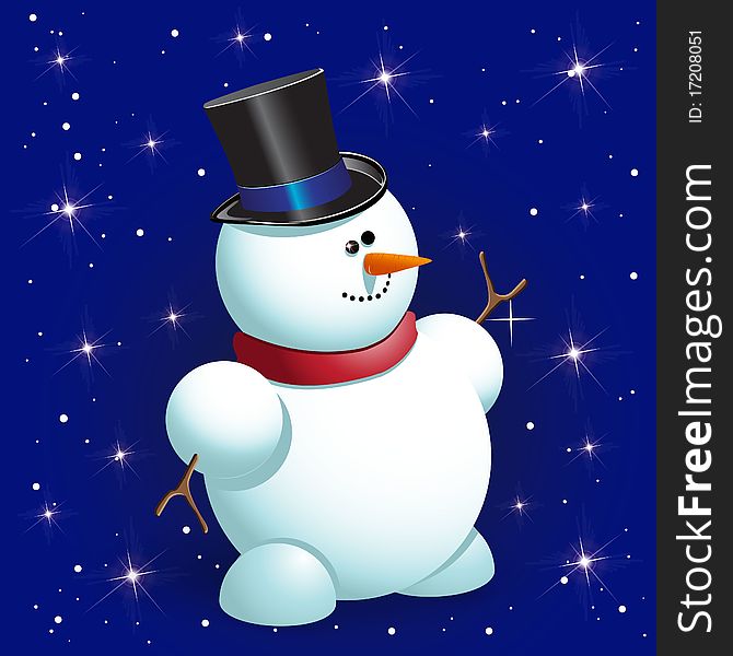 Illustration, new year's snowman in hat on blue background