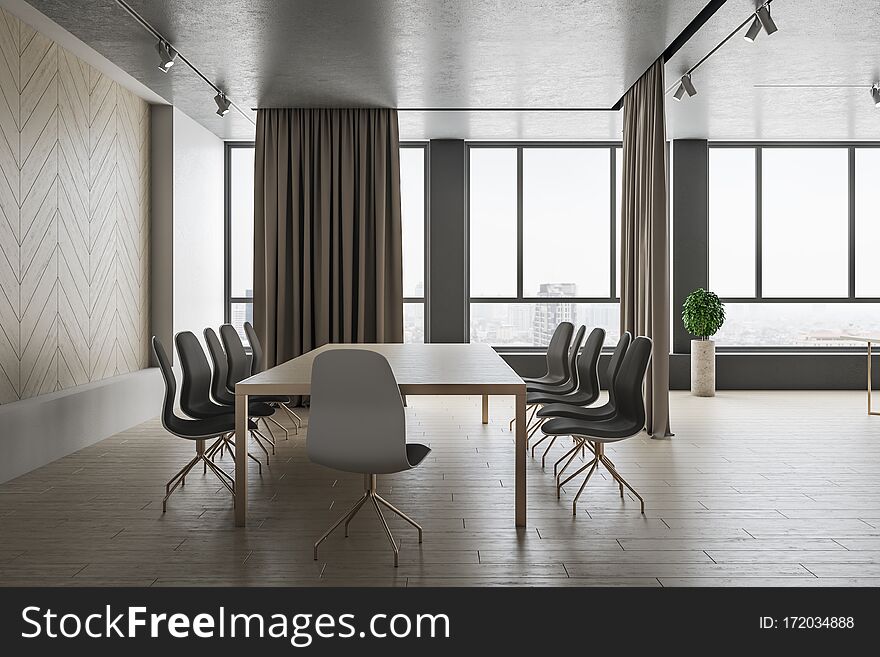 Drawing modern conference room interior with city view and curtains. Workplace and office concept. 3D Rendering