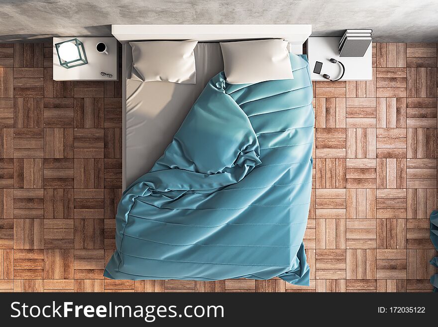 Top view of stylish bedroom with wooden floor. Design and style concept. 3D Rendering