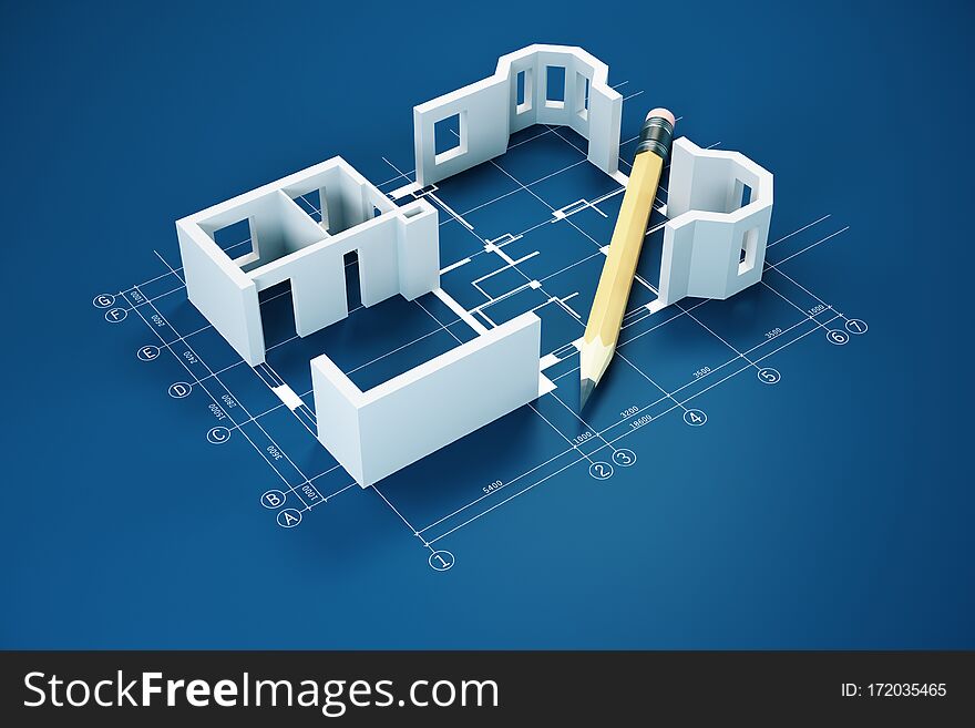 Blueprint, pencil and house model on blue table.  Real estate and architecture concept. 3D Rendering