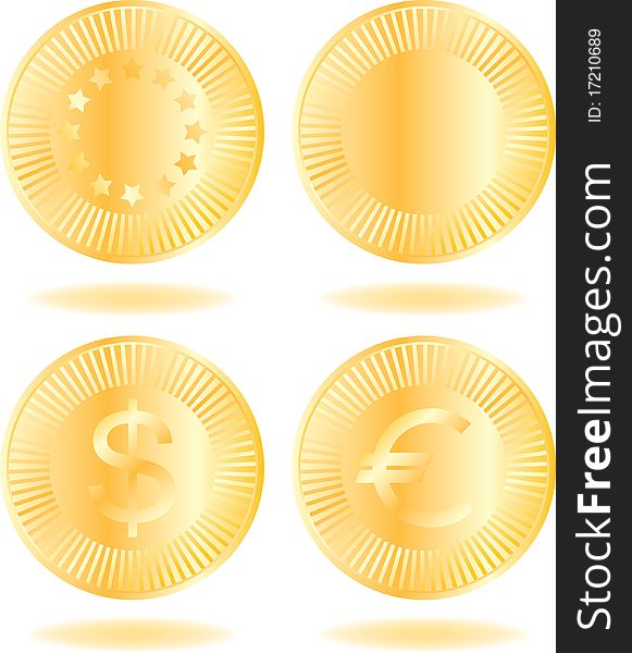 Golden coins set. Various variants of design. Isolated on a white background. Vector illustration (EPS8). All parts (object) closed, possibility to edit.