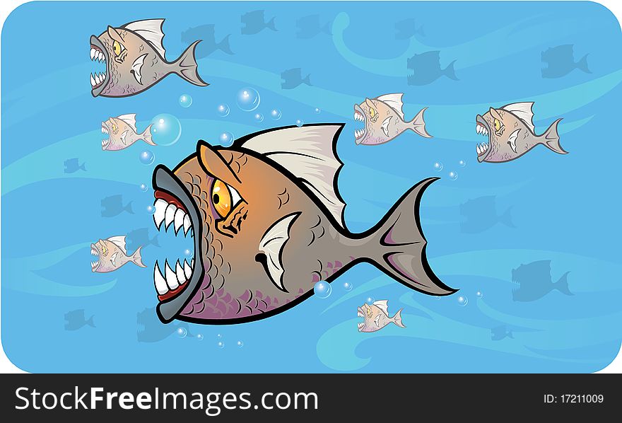 Illustration of some piranhas attacking