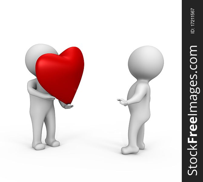 A person offers a red heart to another one, a 3d image. A person offers a red heart to another one, a 3d image