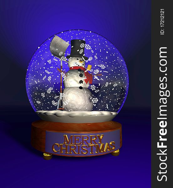 Computer-generated 3D illustration depicting a snowman in a snow globe. Computer-generated 3D illustration depicting a snowman in a snow globe