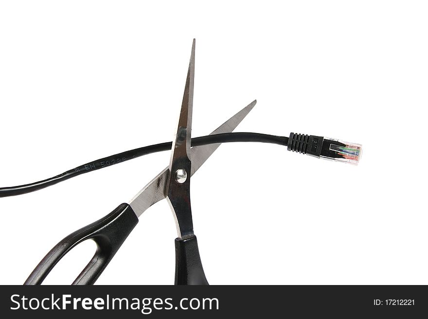 Scissors cutting a network cable