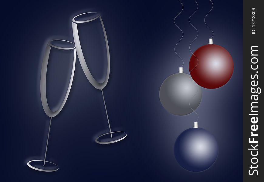 Background with christmas balls two glasses of champagne. Background with christmas balls two glasses of champagne