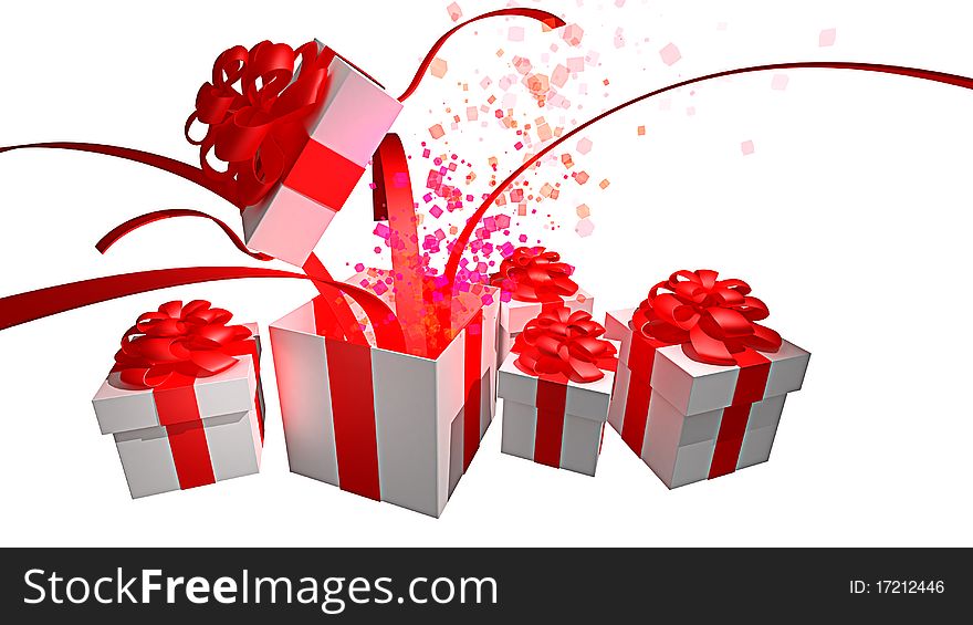 Beautiful white gift boxes with red ribbon isolated on white