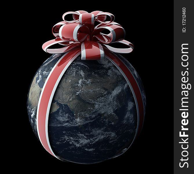 Earth Blue Marble picture courtesy of NASA wrapped with a ribbon and bow isolated on black 3d render. Earth Blue Marble picture courtesy of NASA wrapped with a ribbon and bow isolated on black 3d render