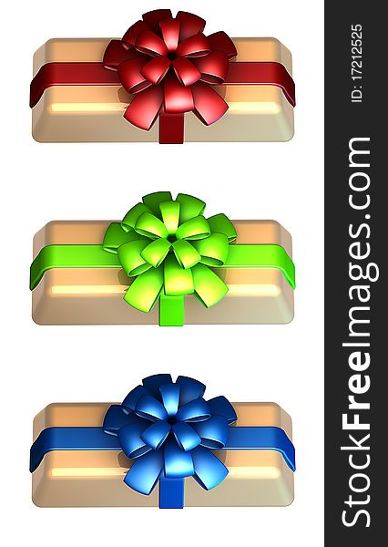 Gold ingots as generous gift with RGB ribbon and bow isolated on white (3D render). Gold ingots as generous gift with RGB ribbon and bow isolated on white (3D render)