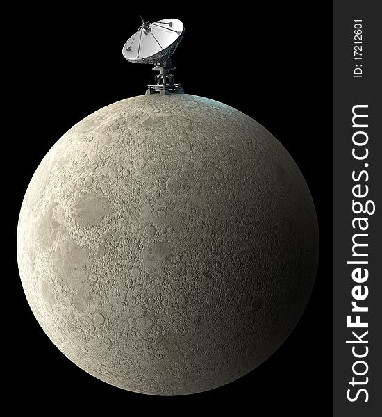 Moon with big satellite dishes antenna (doppler radar) isolated on black 3d render