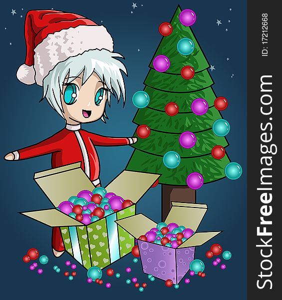 Gift boxes with xmas tree and cute anime style Santa near. Gift boxes with xmas tree and cute anime style Santa near