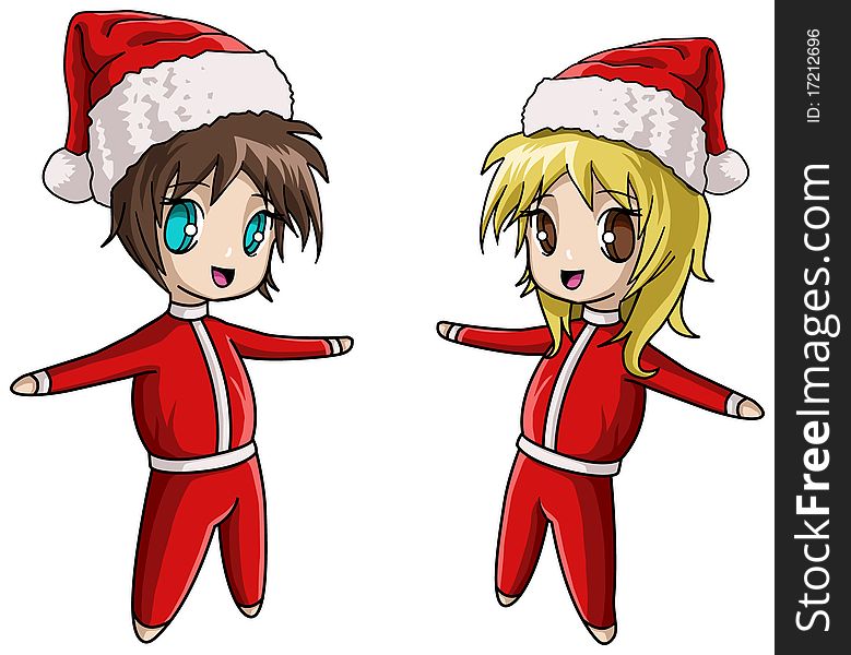 Cute boy and girl with santa clothes anime style. Cute boy and girl with santa clothes anime style