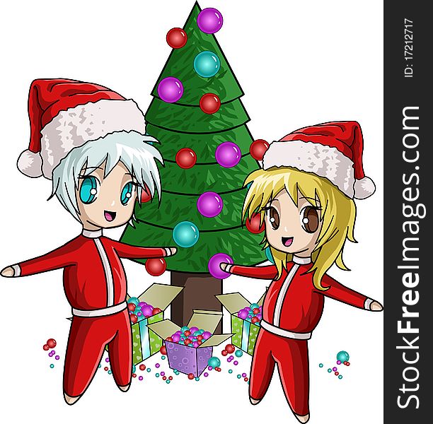 Cute boy and girl with santa clothes anime style with christmas tree. Cute boy and girl with santa clothes anime style with christmas tree